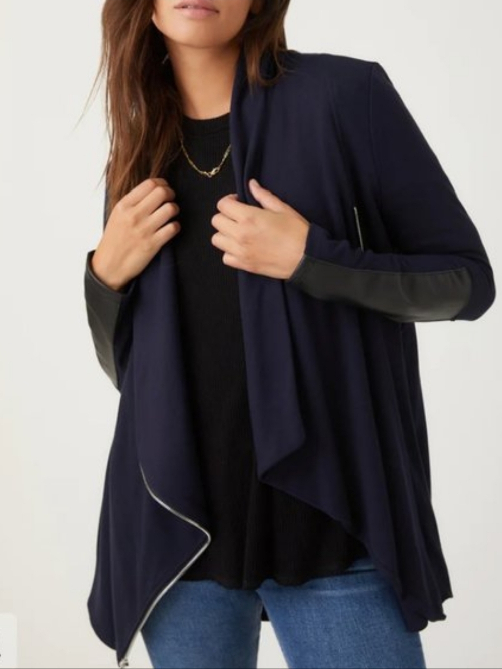 NWT Fifteen Twenty Drape Leather Patch Jacket Casual Cowl Neck Navy Blue  Small